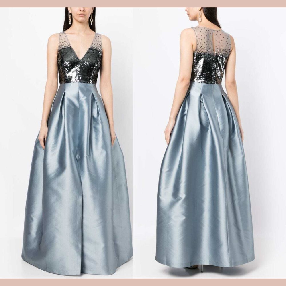 NWT $995 SACHIN & BABI‎ [ 8 ] A Line Sequin Erica Ball Gown Silver Ash Blue